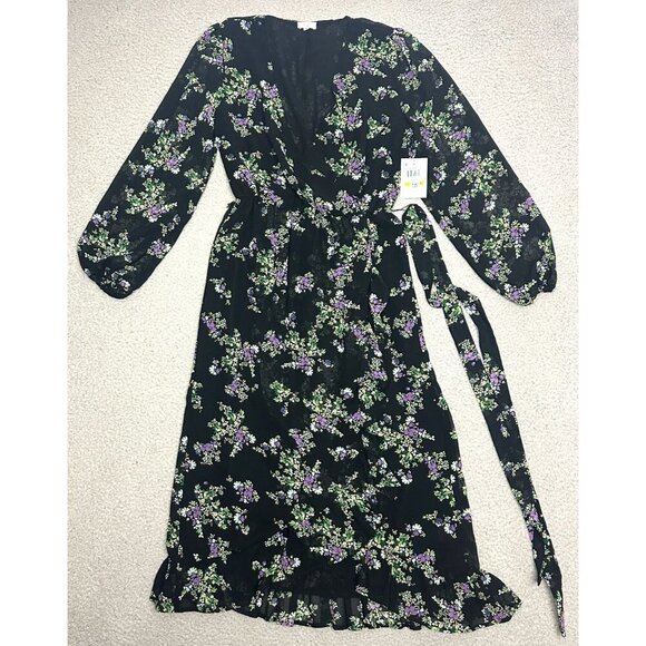 Q + A Los Angeles Maxi Dress Black Floral Ruffle Deep V - Picture 1 of 16